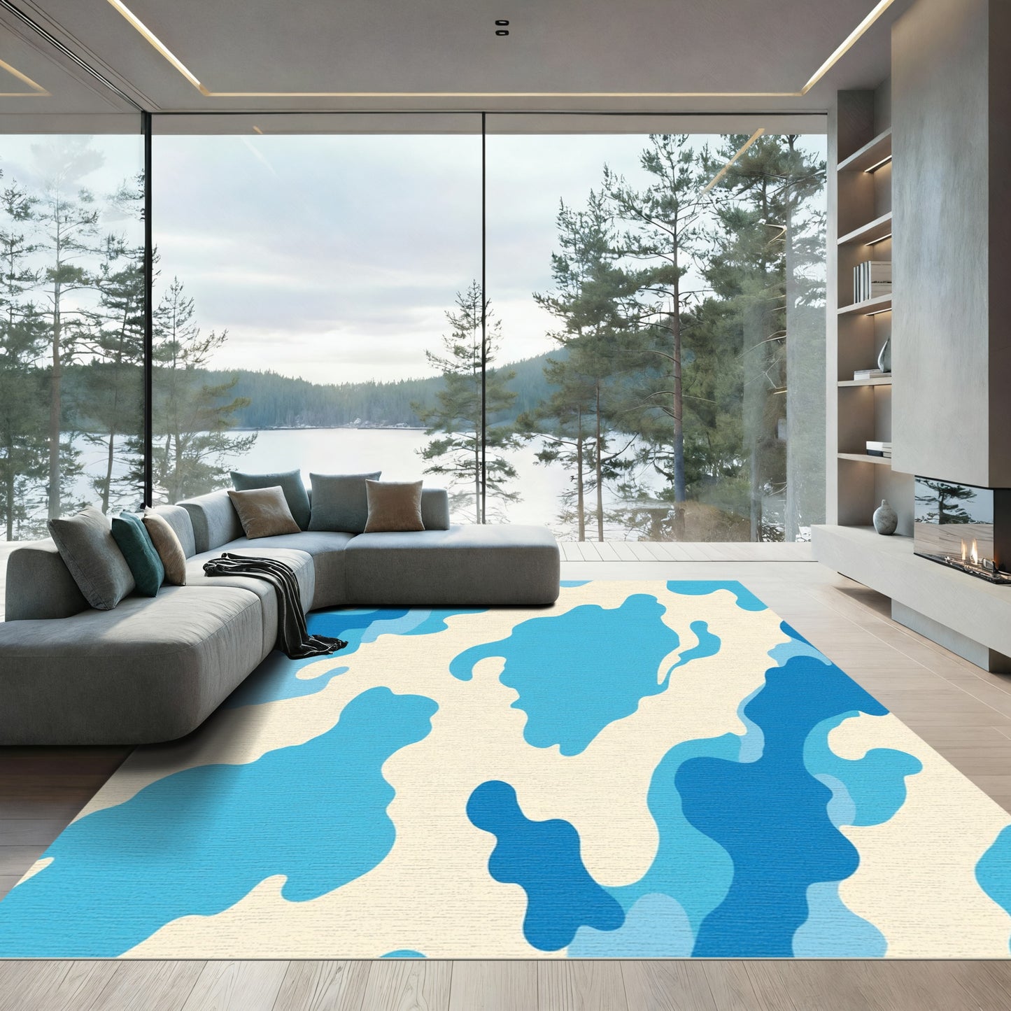 Abstract Blue Cream Camouflage Clouds Rug