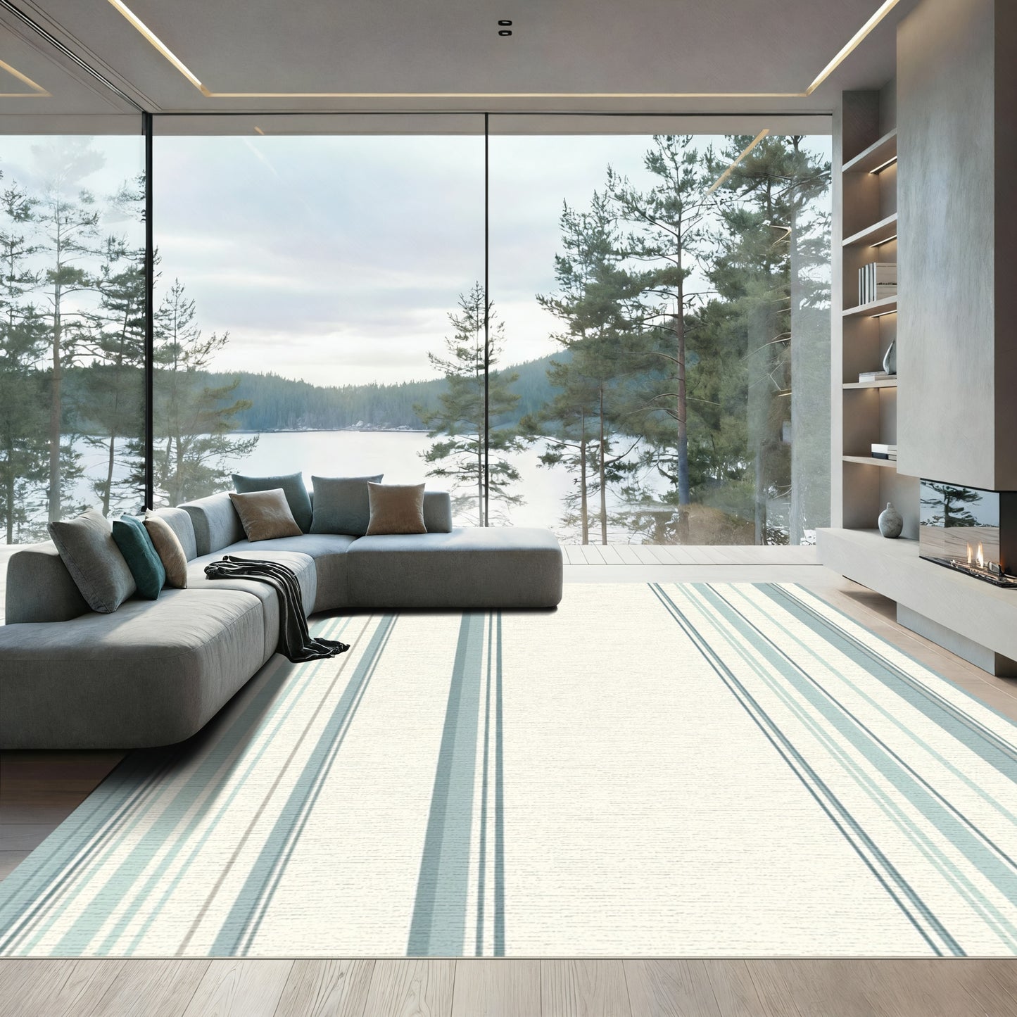 Calm Blue White Vertical Stripe Rug