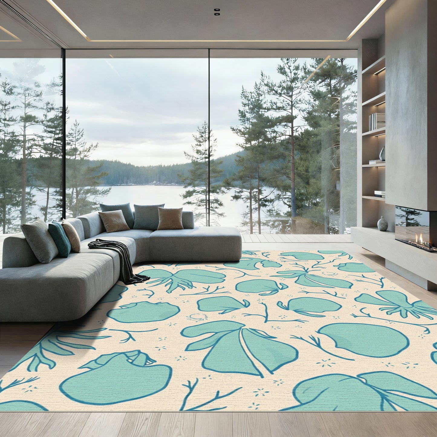 Aqua Petal Organic Branch Composition Rug
