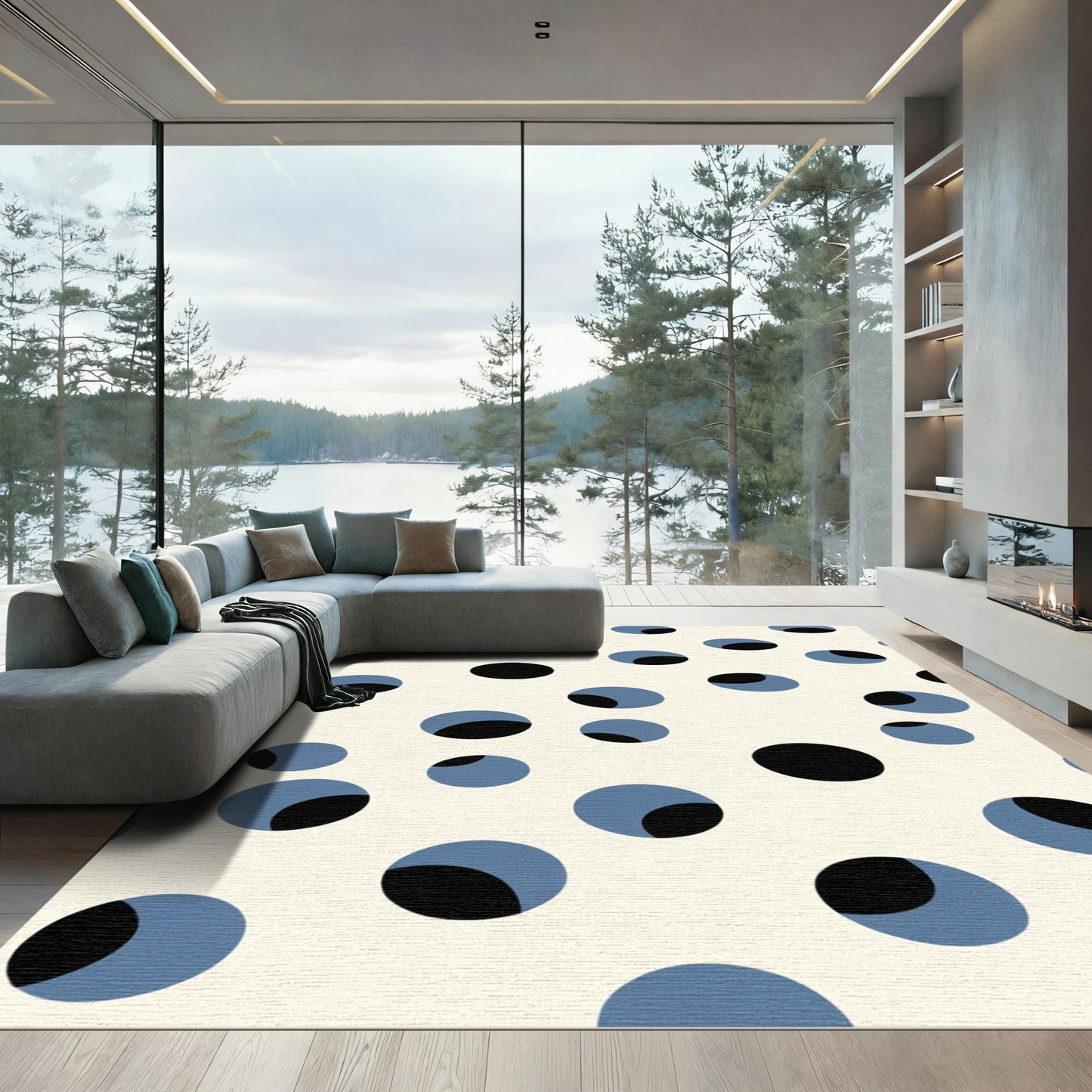 Cream Black Blue Round Spots Rug
