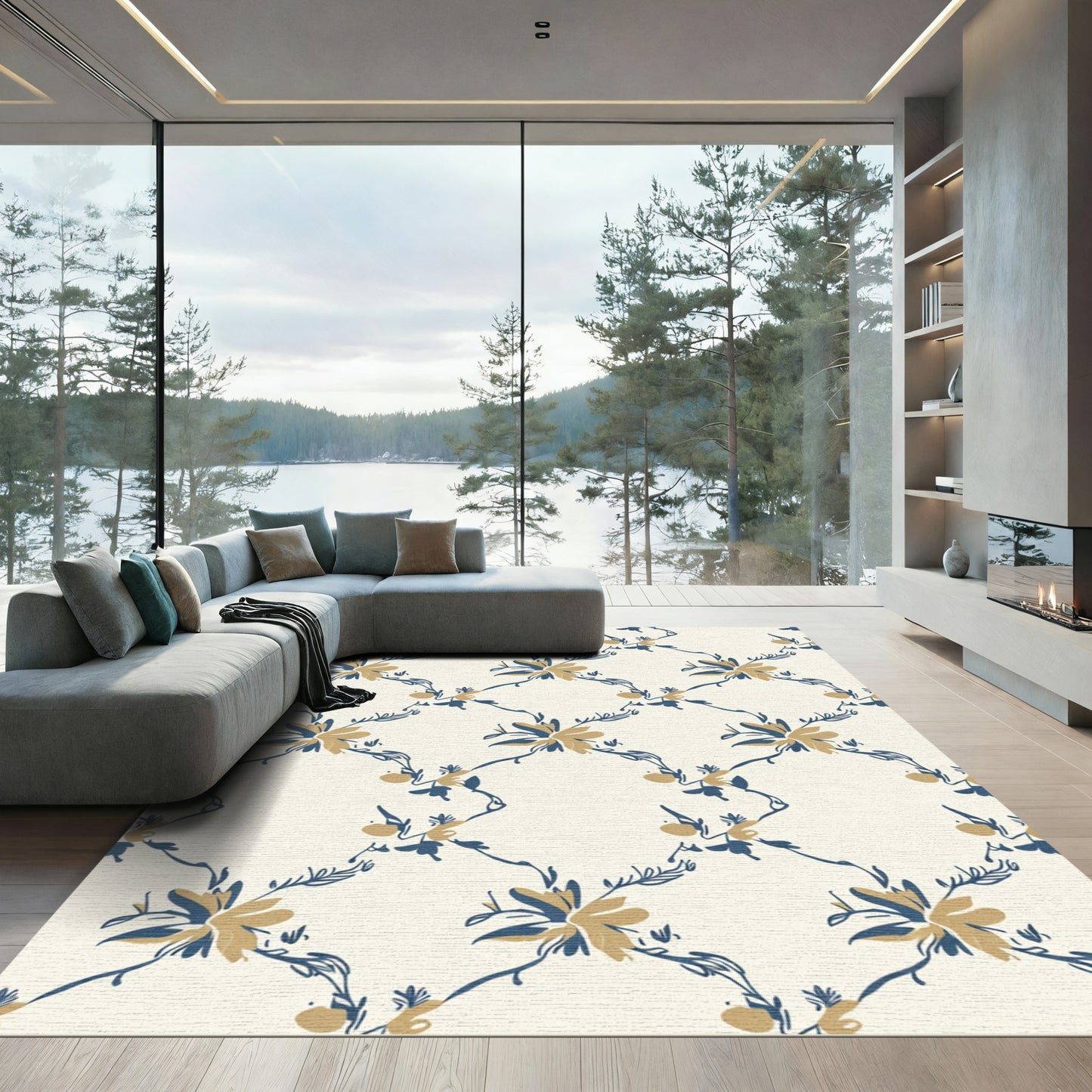 Cream Blue Gold Floral Vine Rug