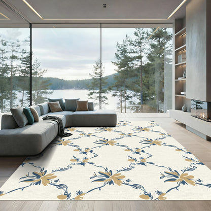 Cream Blue Gold Floral Vine Rug