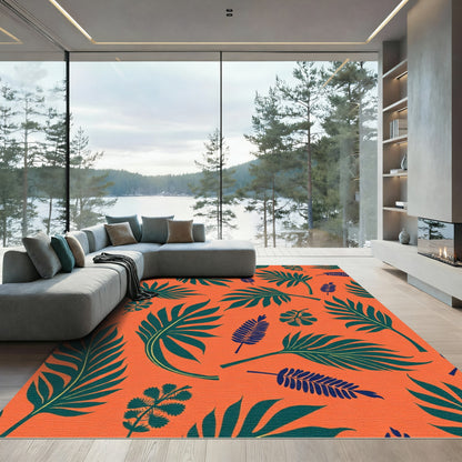 Orange Teal Tropical Leaf Pattern Rug