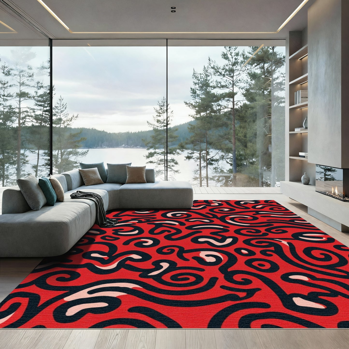 Red Black Swirl Abstract Composition Rug