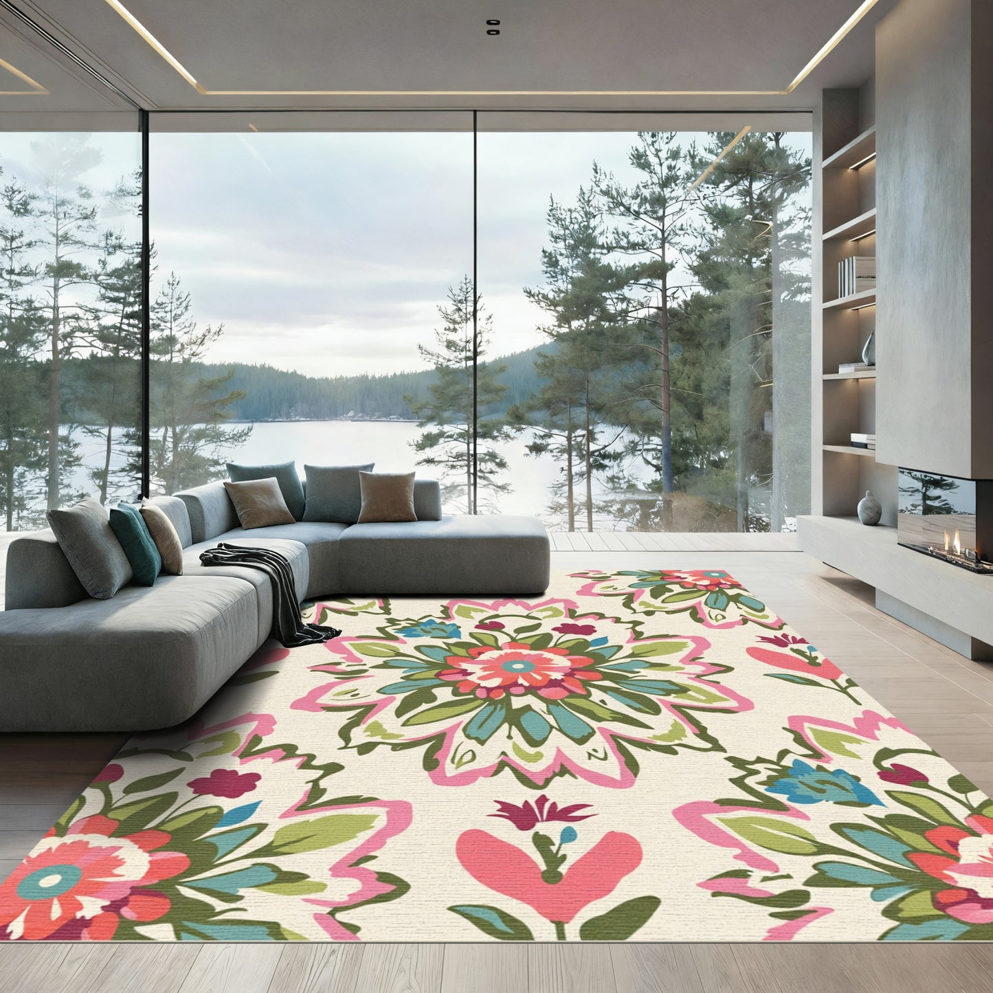 Vivid Coral Teal Floral Medallions Rug