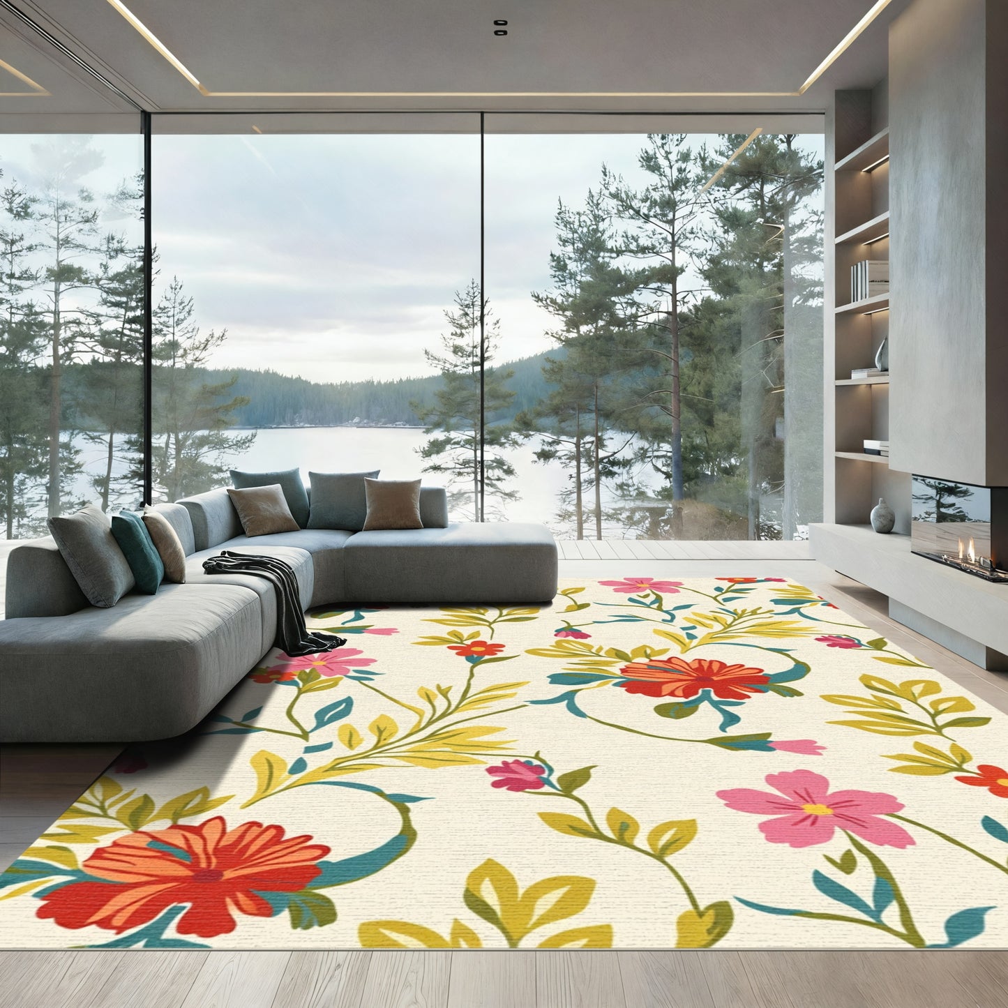 Red Pink Floral Vine Garden Rug