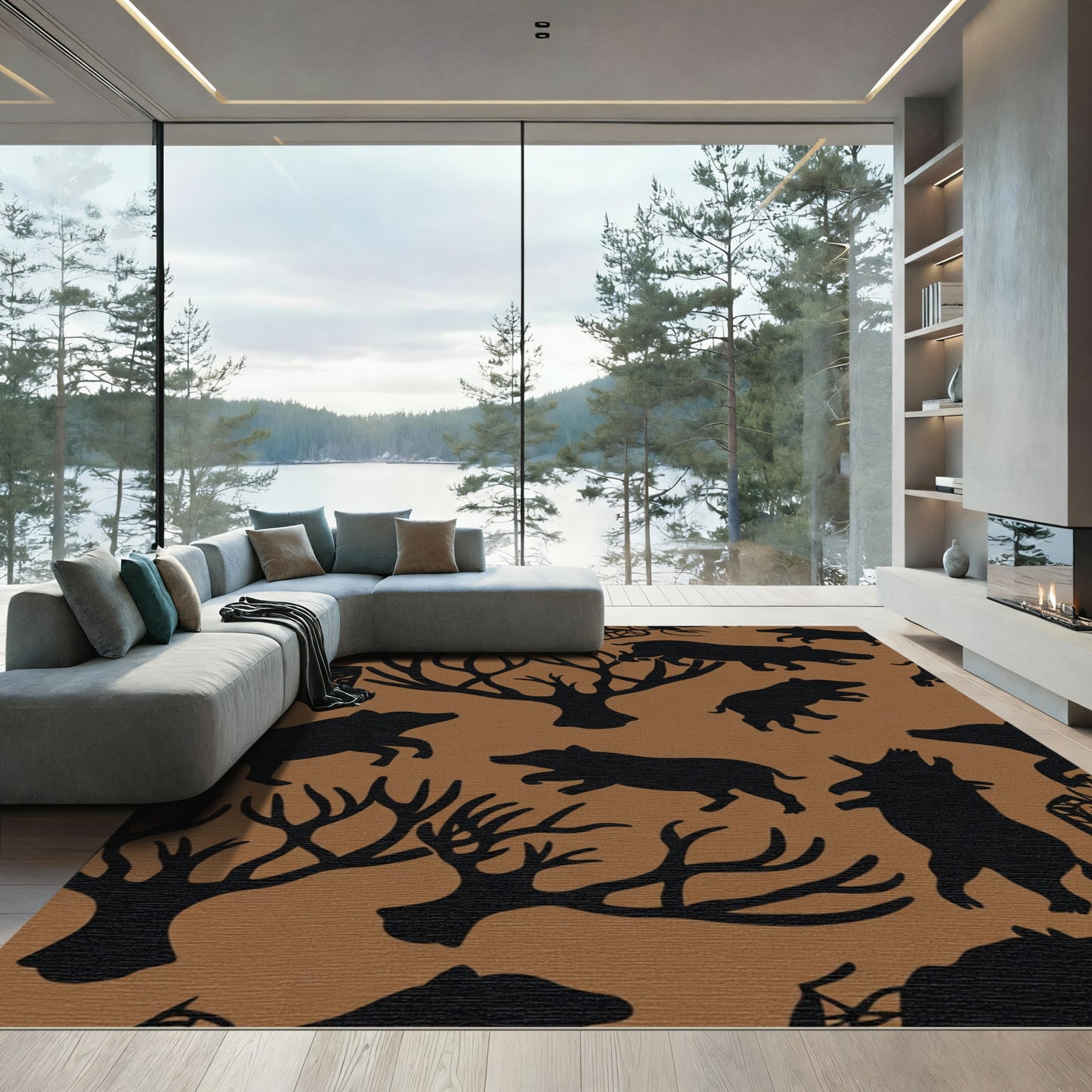 Brown Black Silhouette Animal Woodland Scene Rug