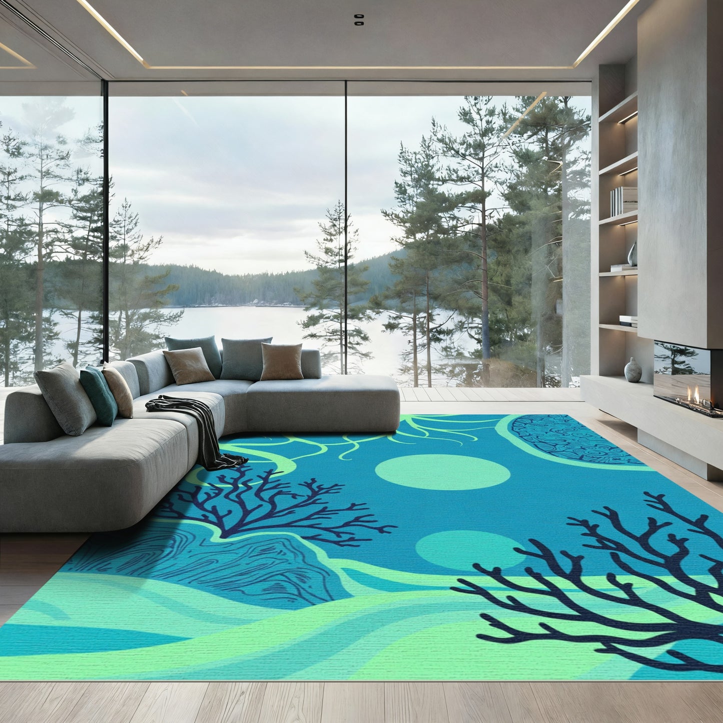 Deep Blue Coral Reef Abstract Rug