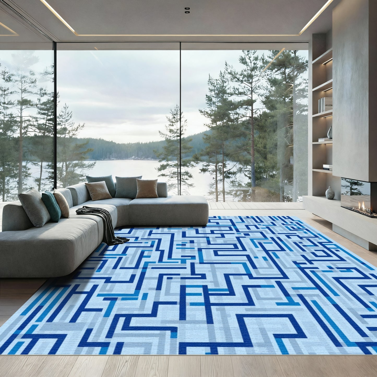 Deep Blue Geometric Maze Lines Rug