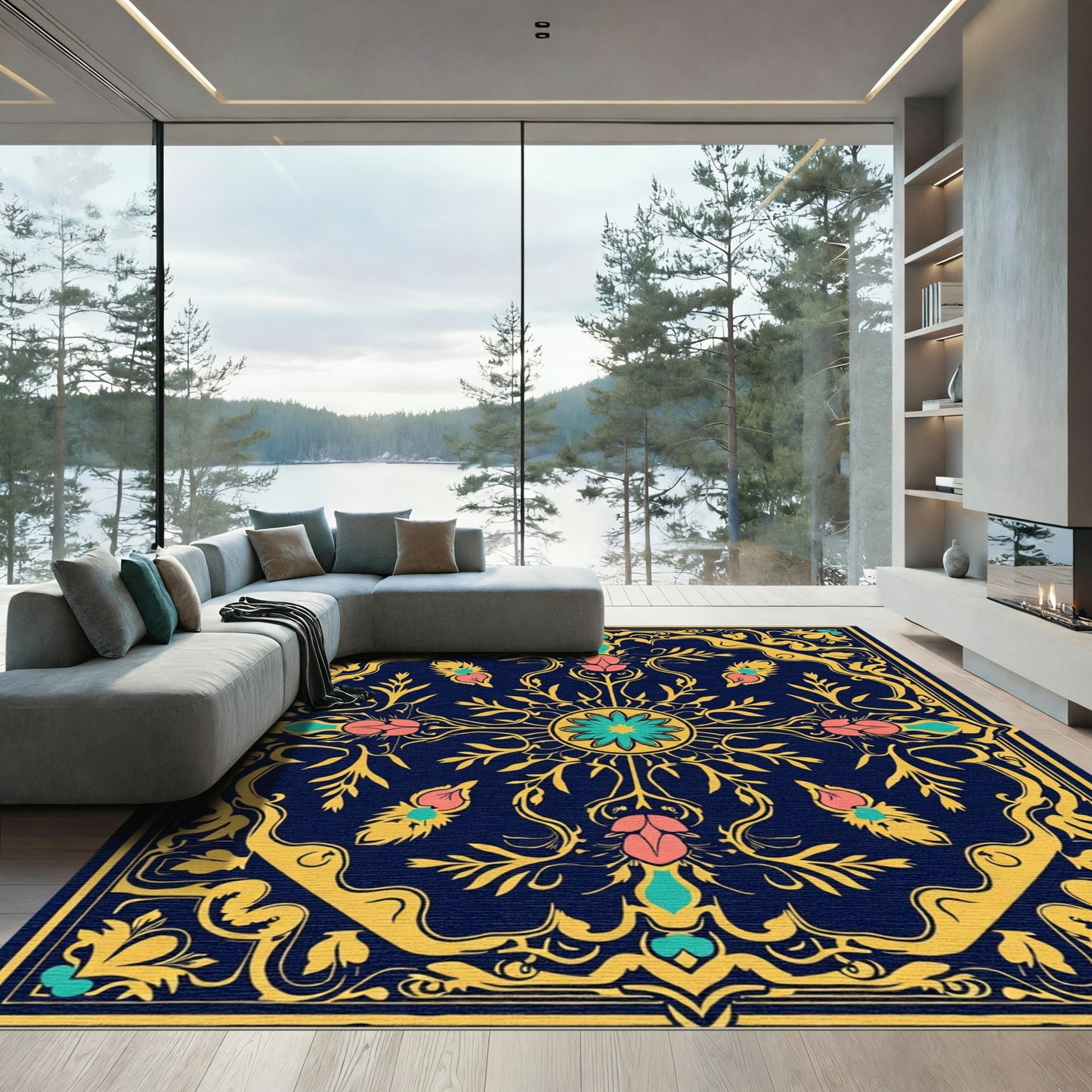 Indigo Rose Botanical Scroll Rug