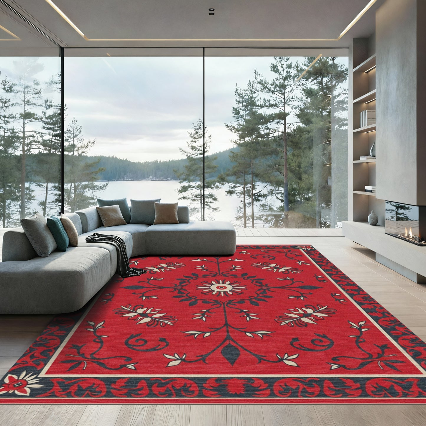 Red Crimson Floral Border Rug
