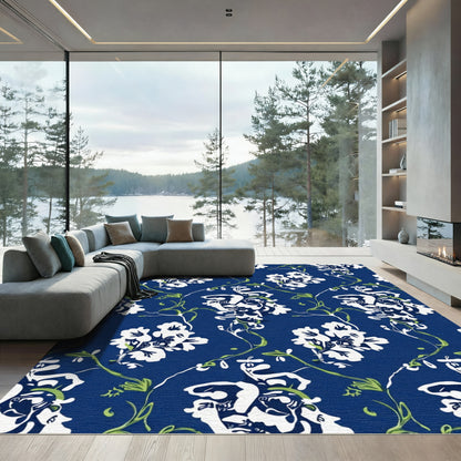 Navy White Floral Vine Botanical Rug