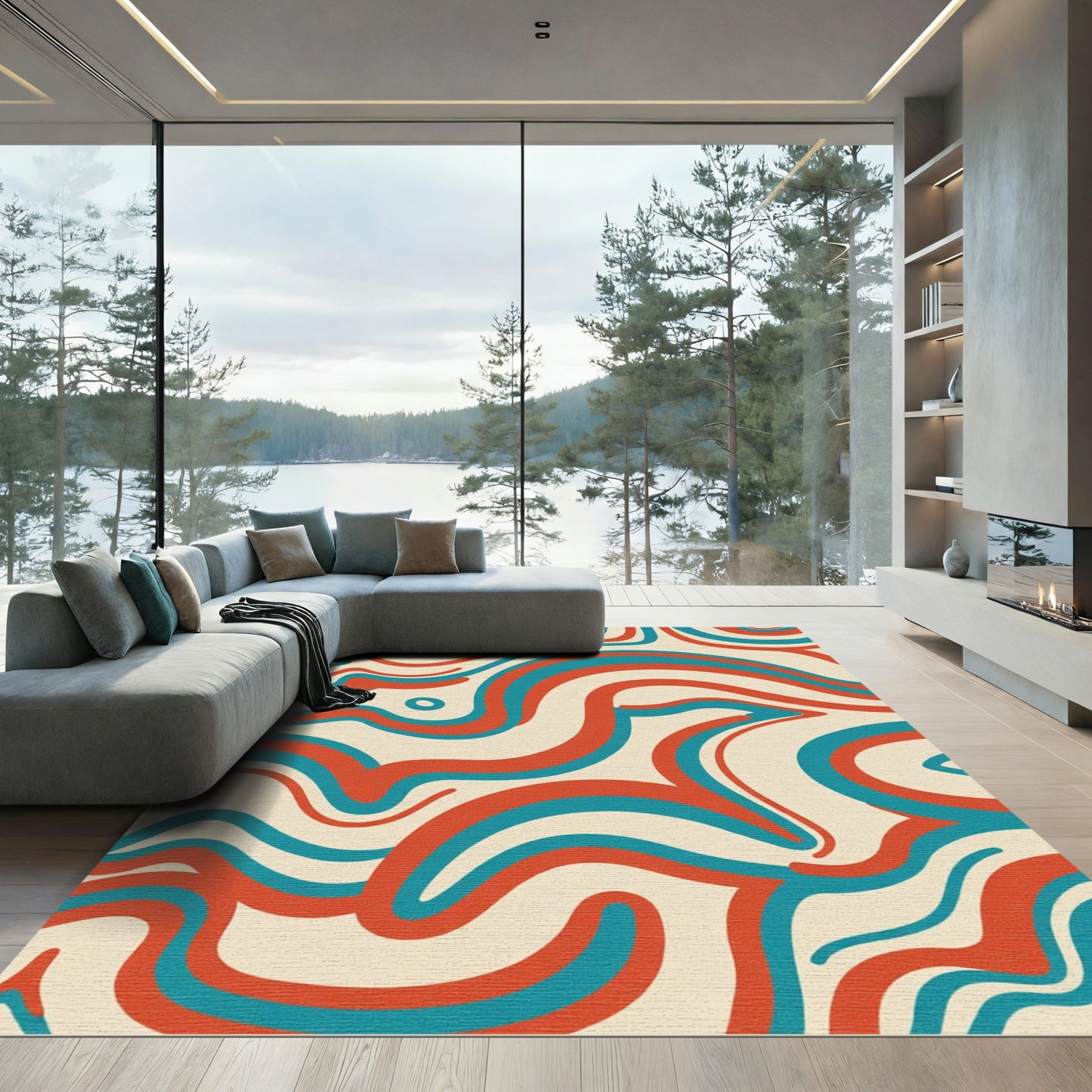 Retro Teal Orange Swirl Abstract Rug
