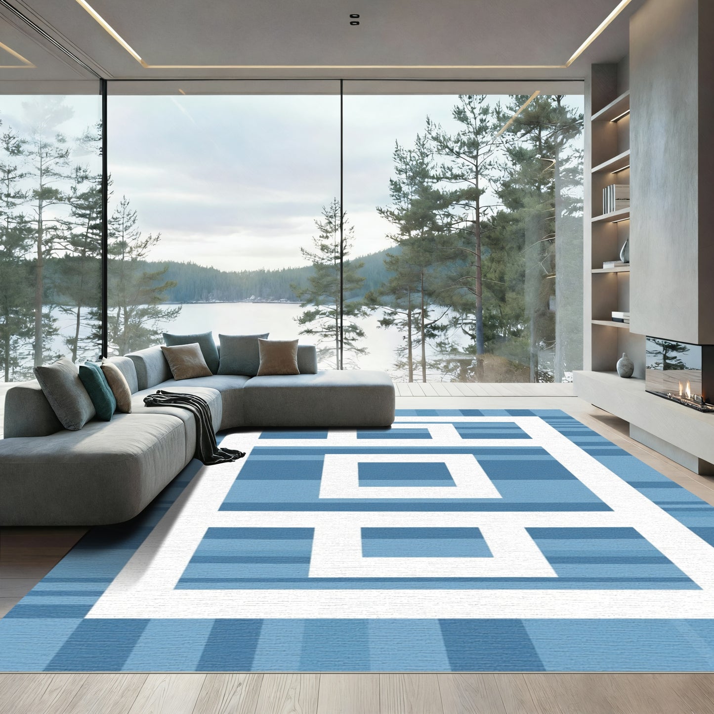 Blue Gradient White Geometric Grid Rug