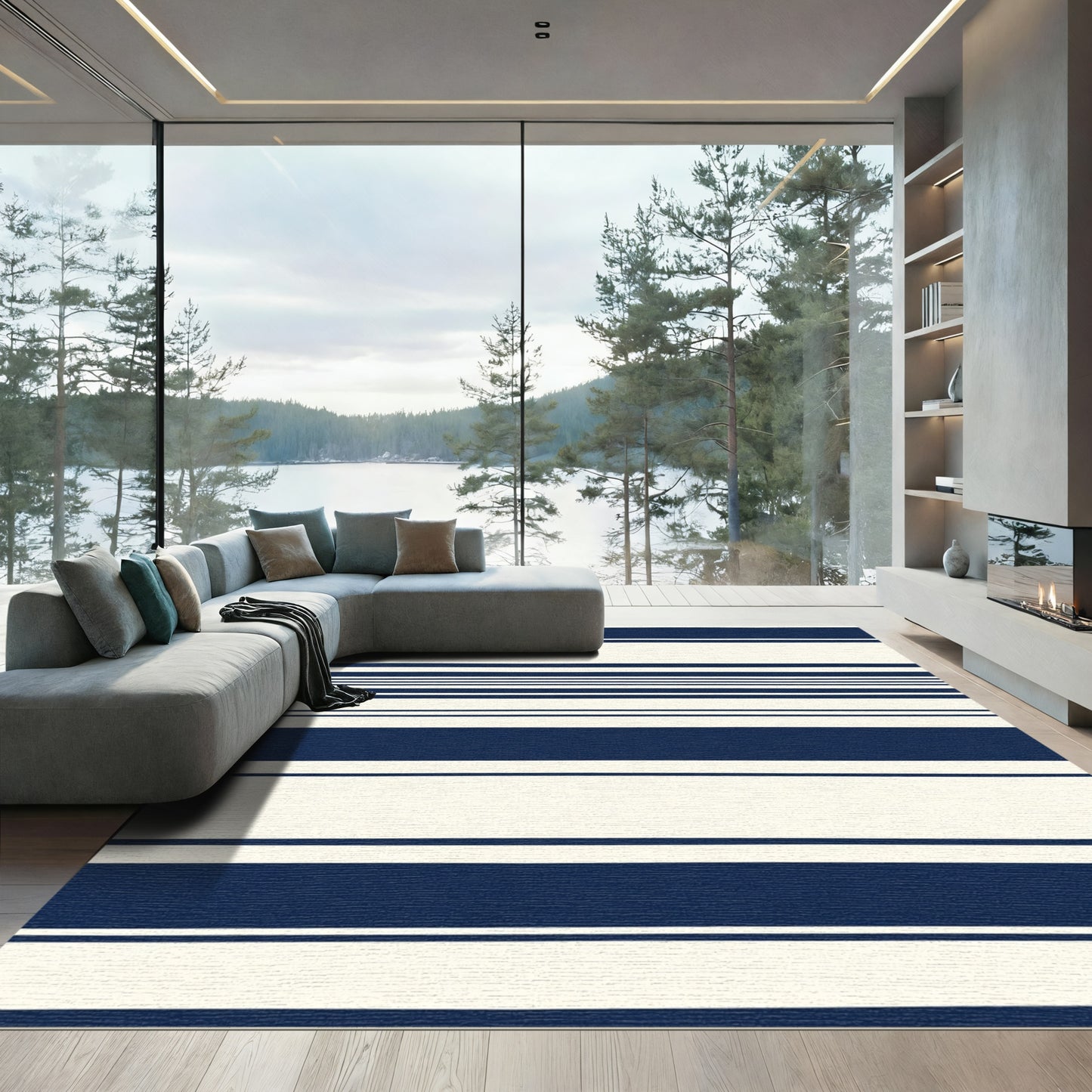 Classic Navy Cream Horizontal Stripe Rug