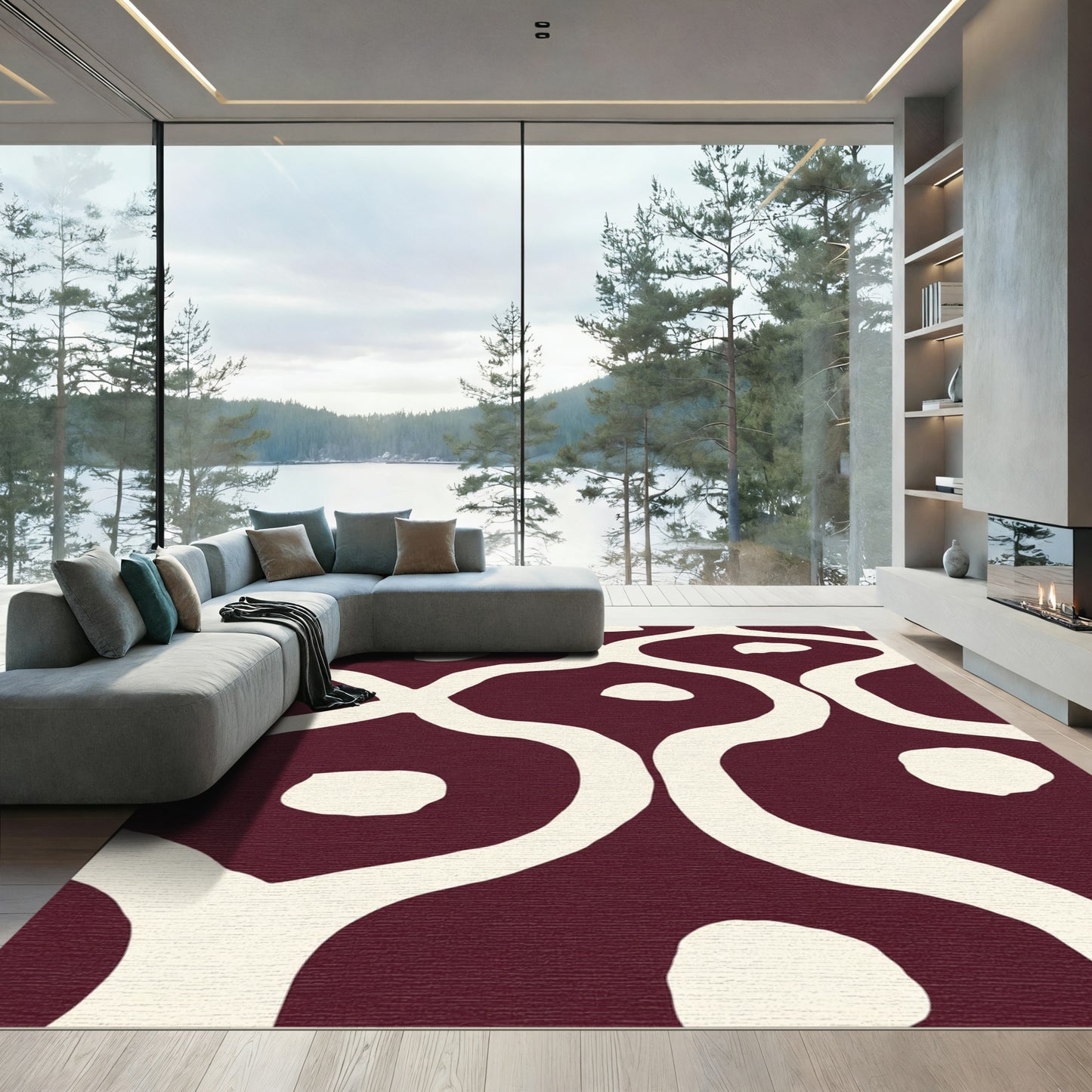 Deep Red Organic Curving Lattice Rug