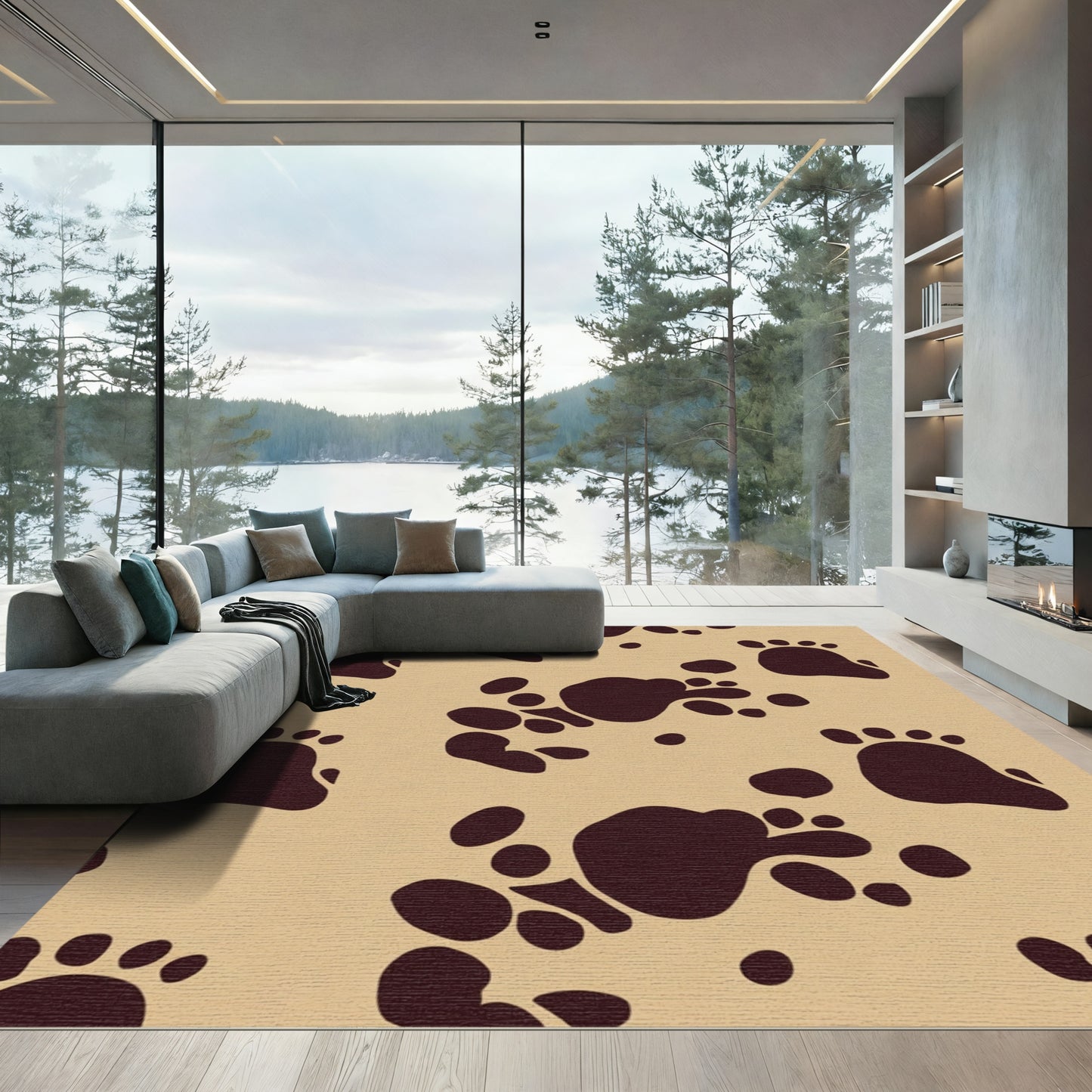 Deep Brown Paw Prints Throughout Rug