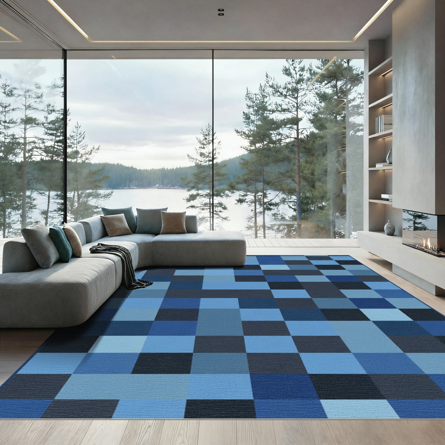 Deep Blue Pixel Gradient Squares Rug