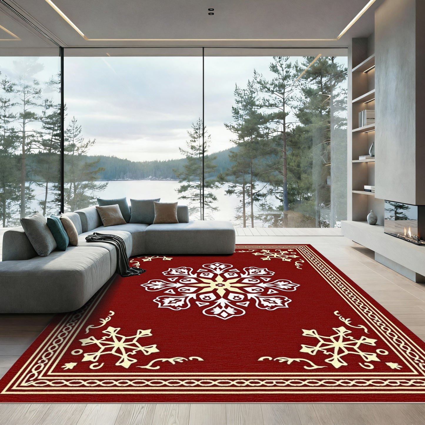 Crimson Snowflakes Ornate Medallion Rug