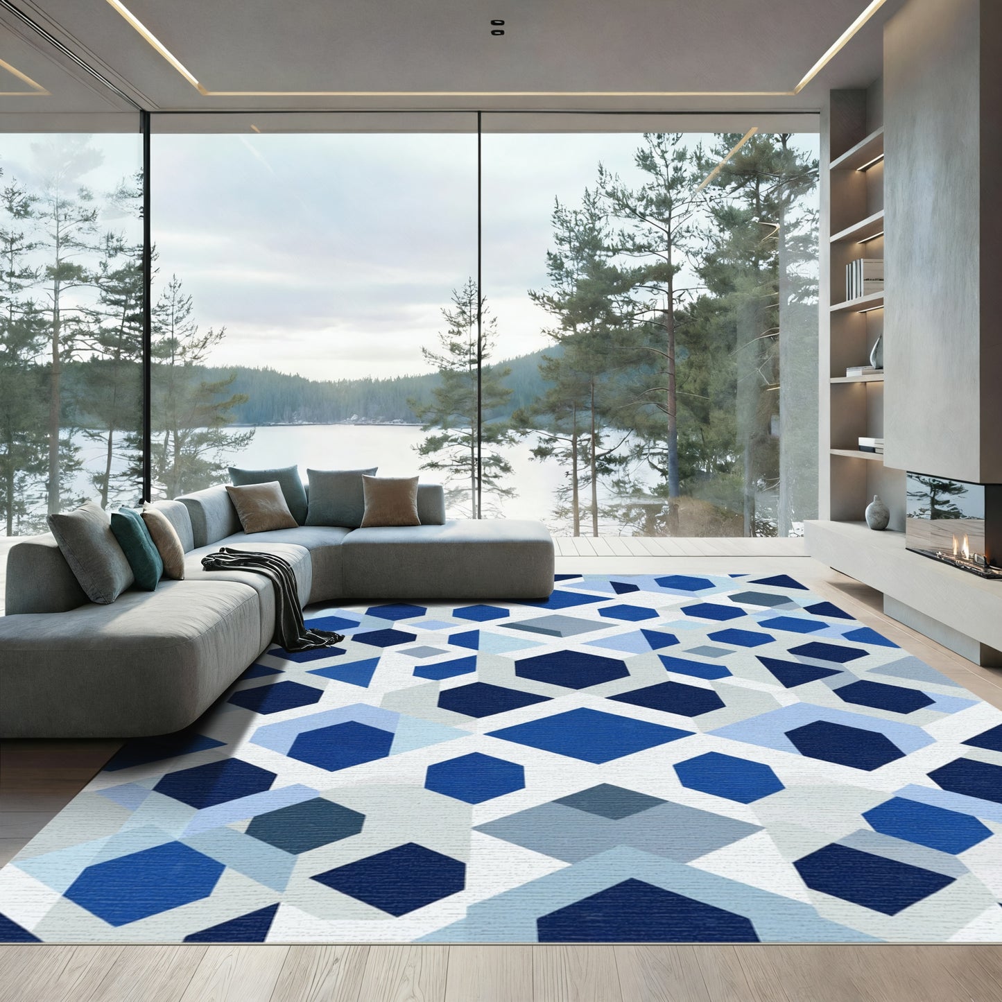 Modern Sapphire Geometric Hexagon Rug