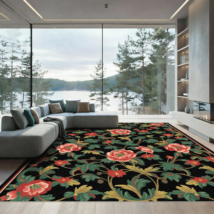 Crimson Floral Vine Botanical Black Rug