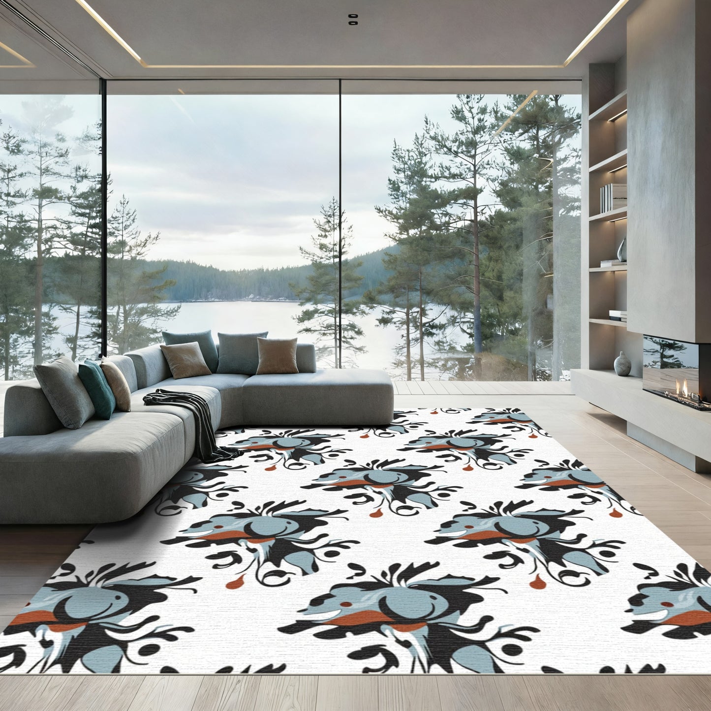 Abstract Blue Black Whimsical Swirl Rug