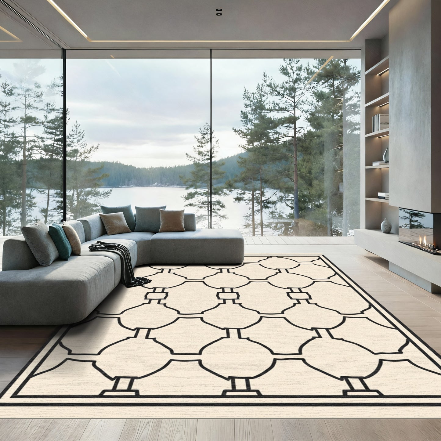 Cream and Black Linked Oval Lattice Rug