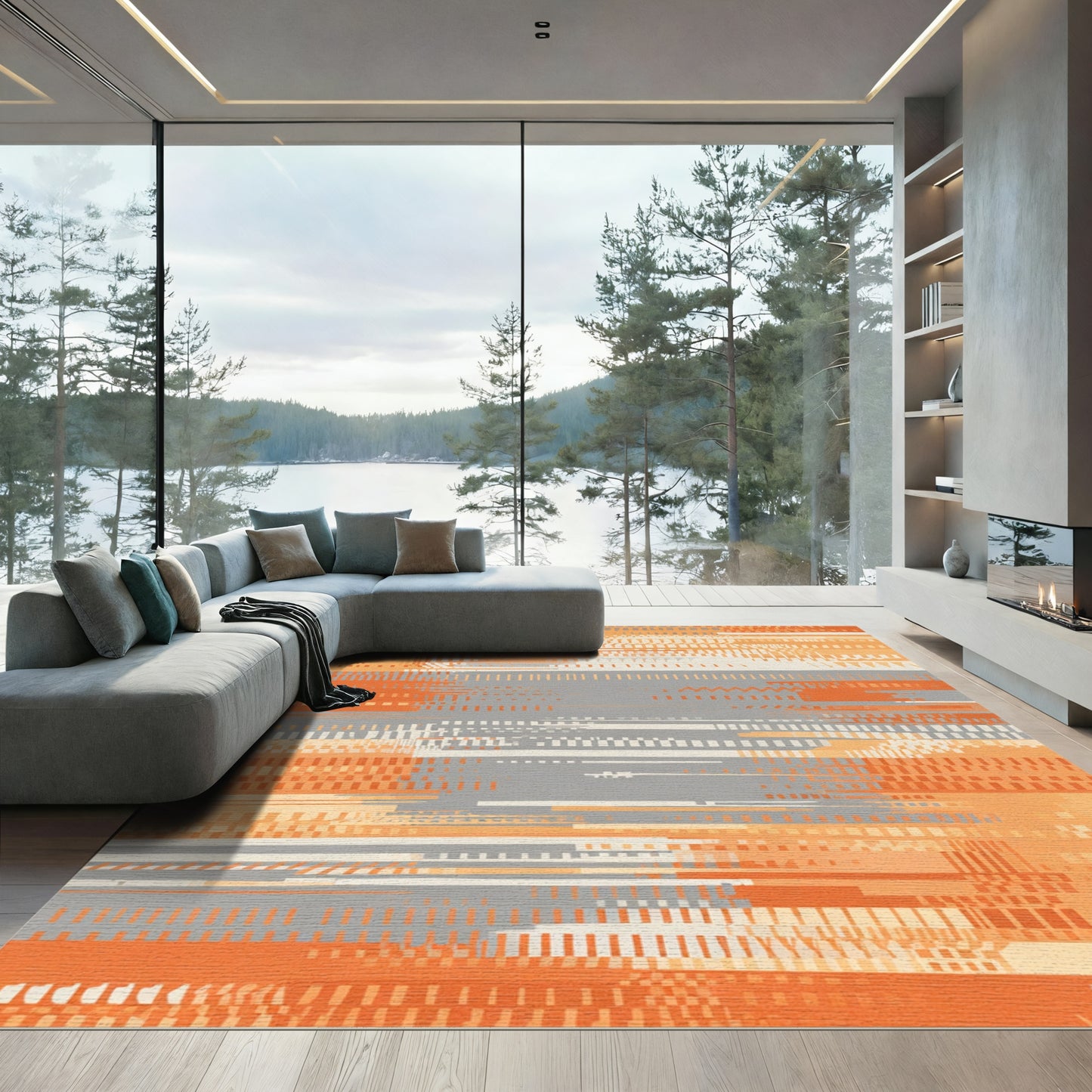 Orange Gray Abstract Glitch Lines Rug