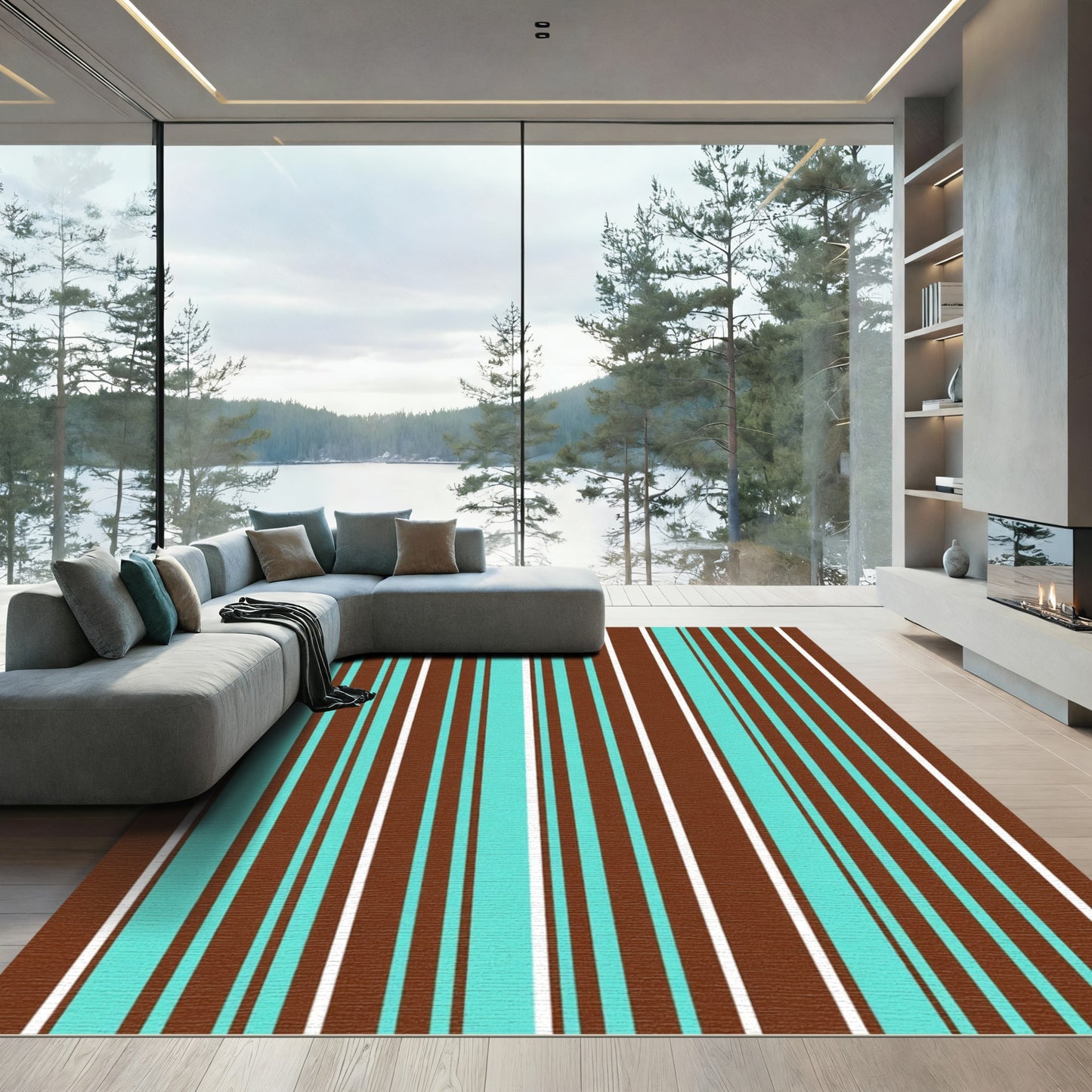Brown Turquoise White Stripe Rug