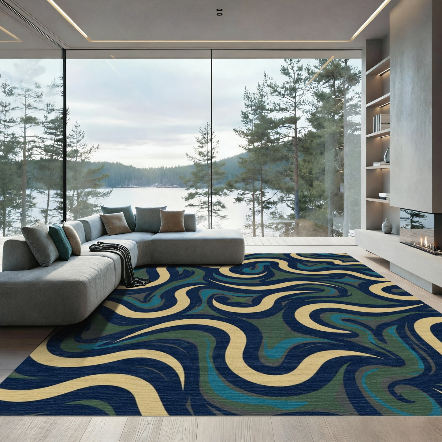Deep Blue Swirl Cream Green Abstract Rug