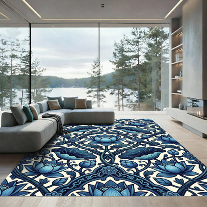 Deep Blue Lotus Vine Art Nouveau Rug