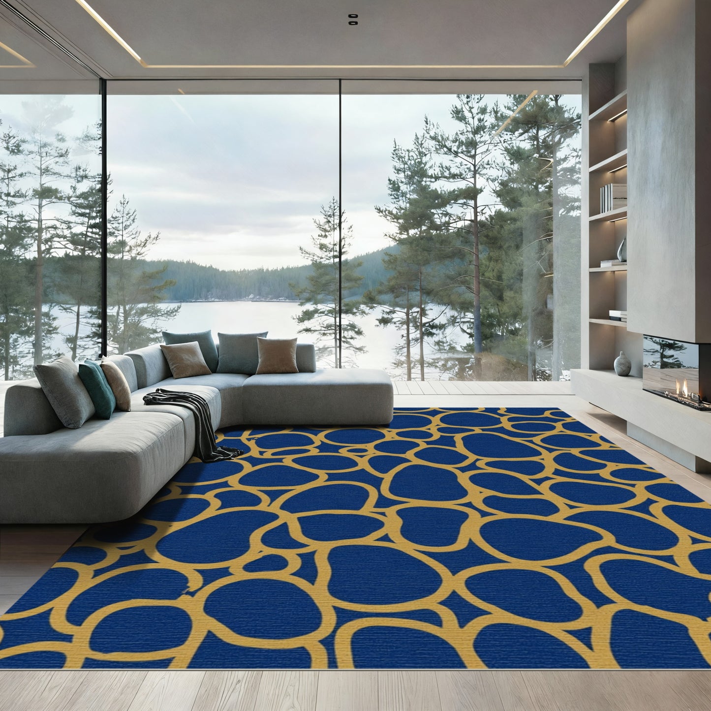 Deep Blue Gold Organic Shapes Rug