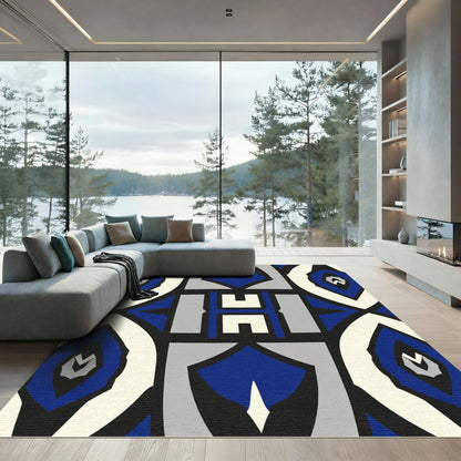 Bold Blue White Geometric Symmetry Rug