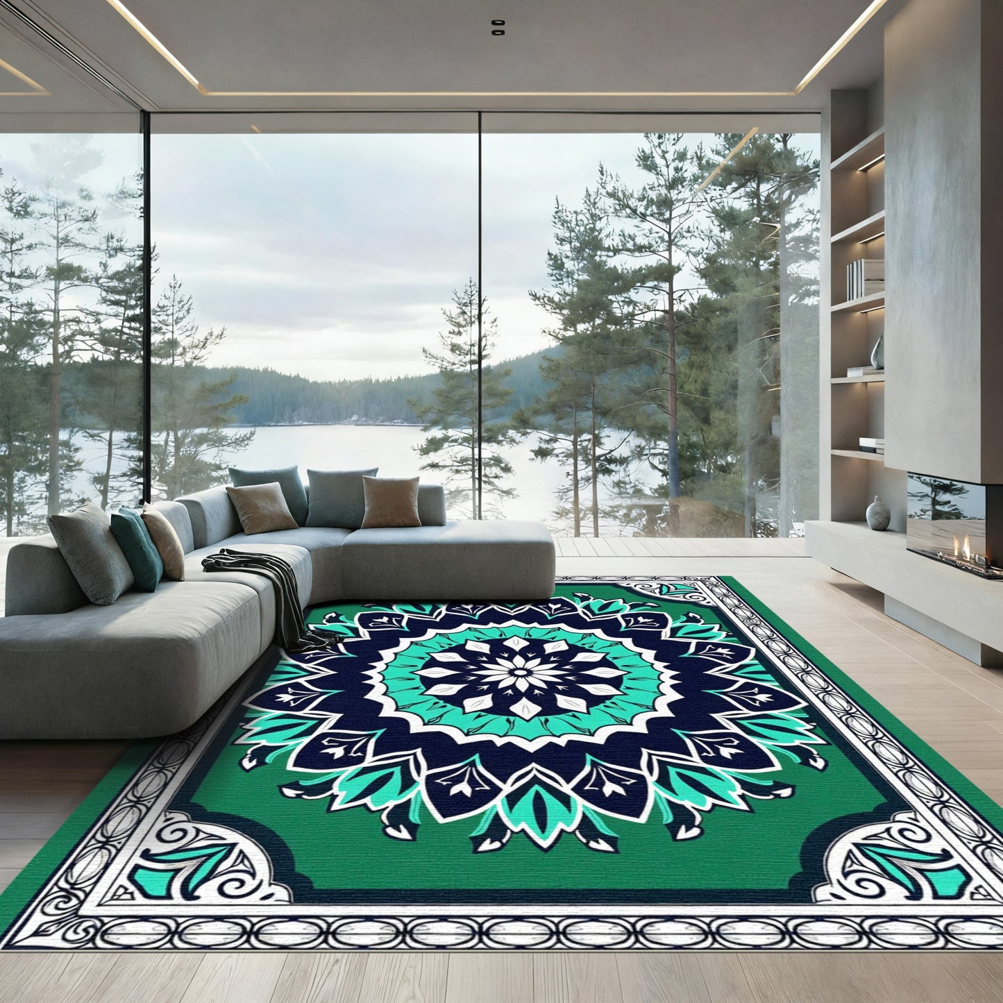 Emerald Teal Mandala Floral Rug