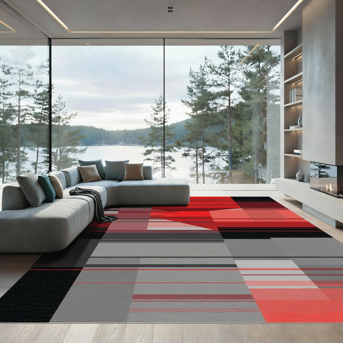 Crimson Black Geometric Block Rug