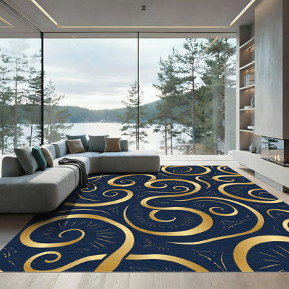 Golden Swirls on Navy Background Rug