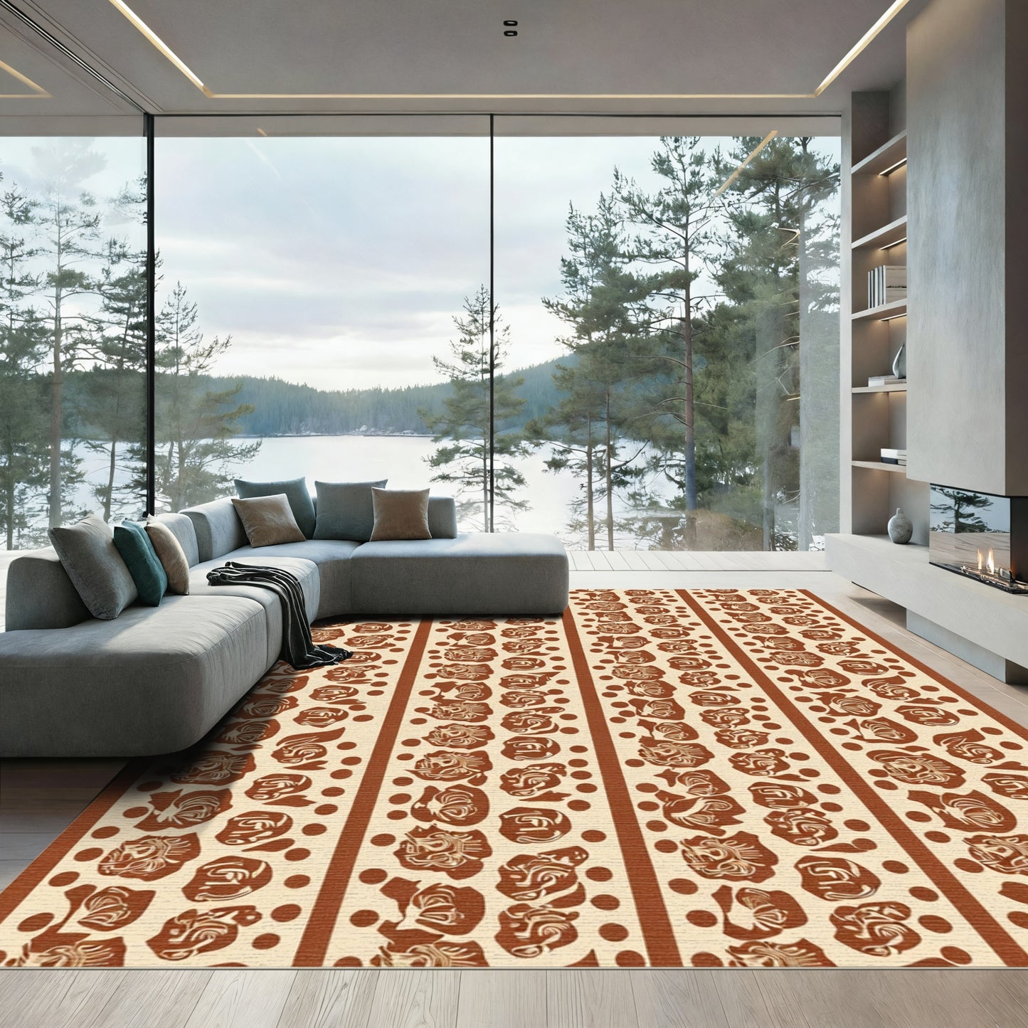 Brown Floral Stripe Dots Rug