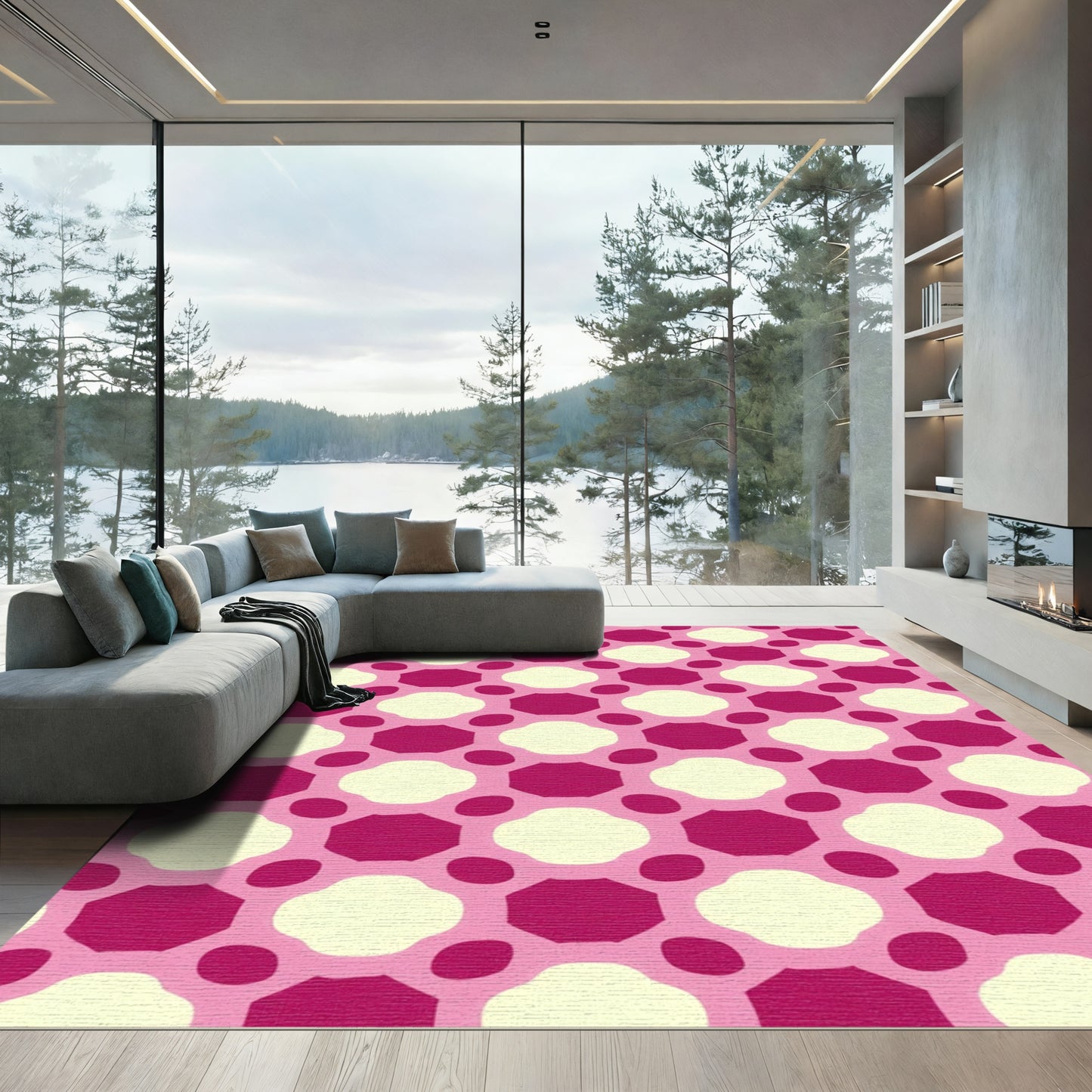 Pink and Cream Geometric Flower Rug