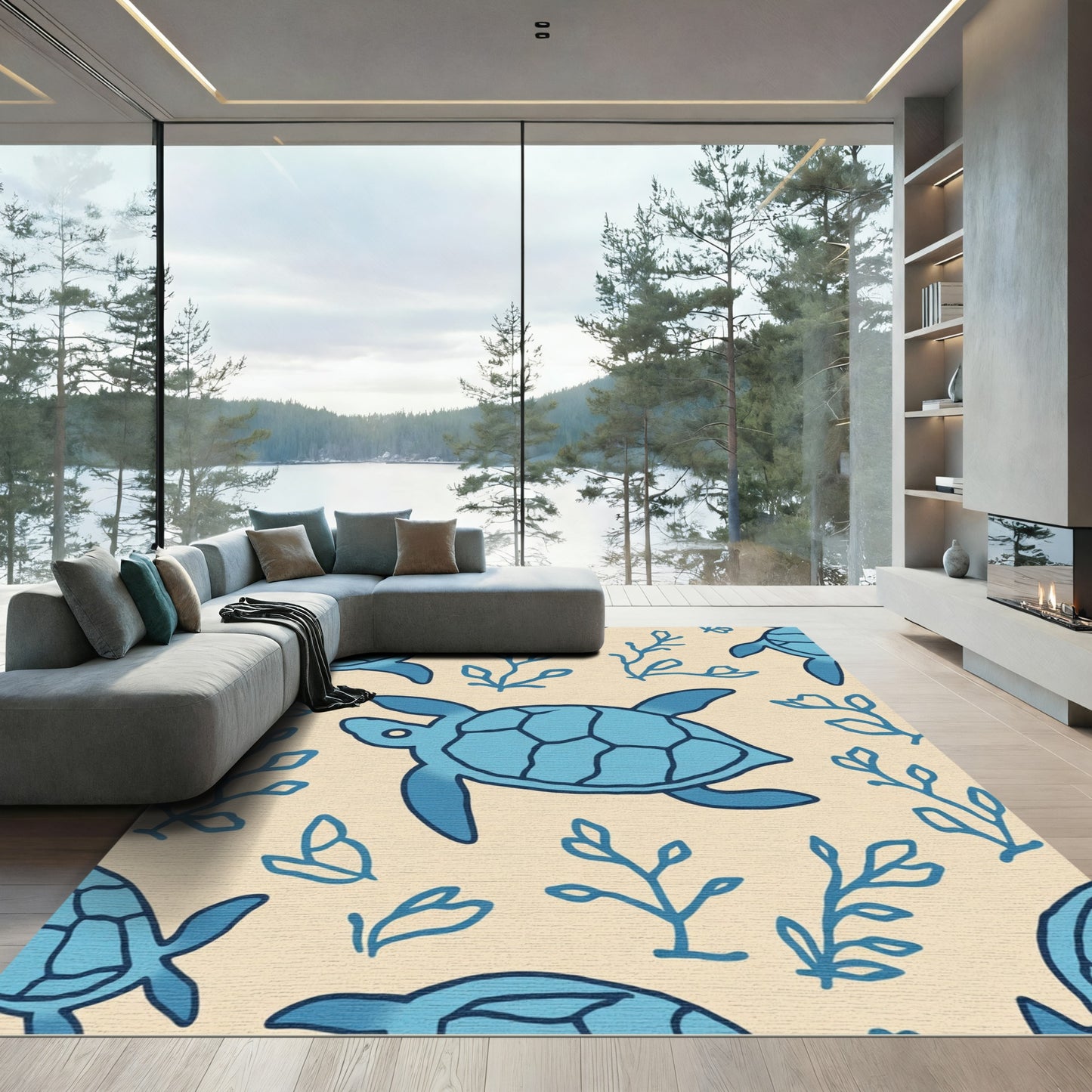 Blue Sea Turtle Botanical Pattern Rug