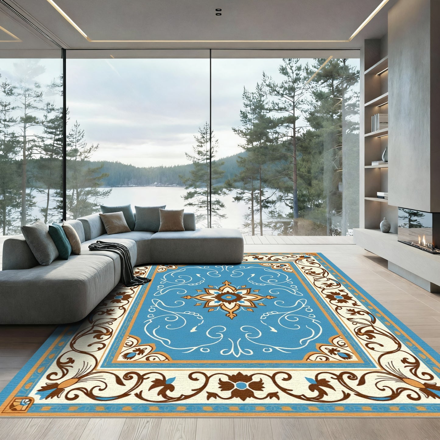 Azure Floral Medallion Scroll Border Rug