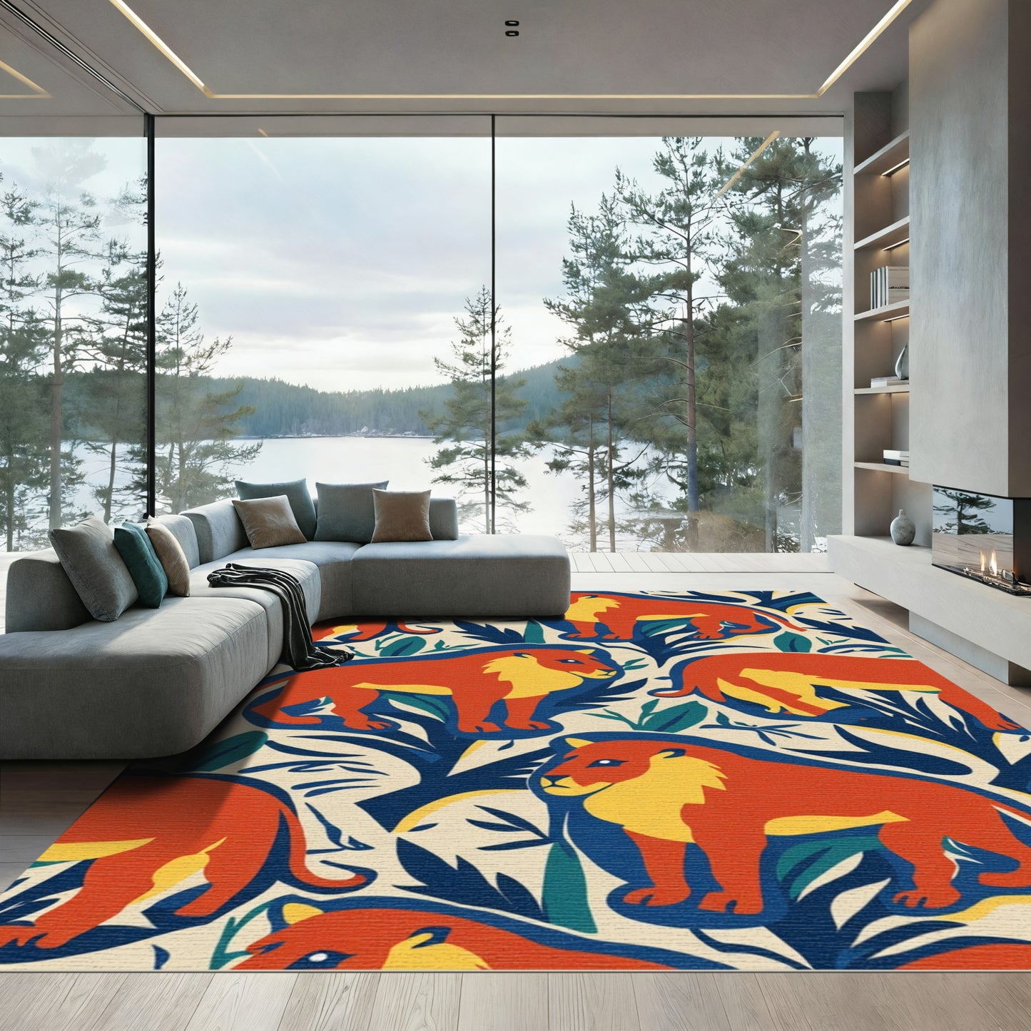 Bold Orange Lion Botanical Jungle Rug