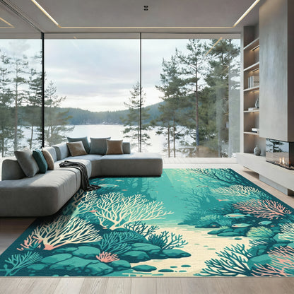Teal Underwater Forest Coral Scene Rug