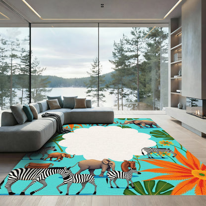 Safari Elephants Zebras Orange Flowers Aquamarine Rug