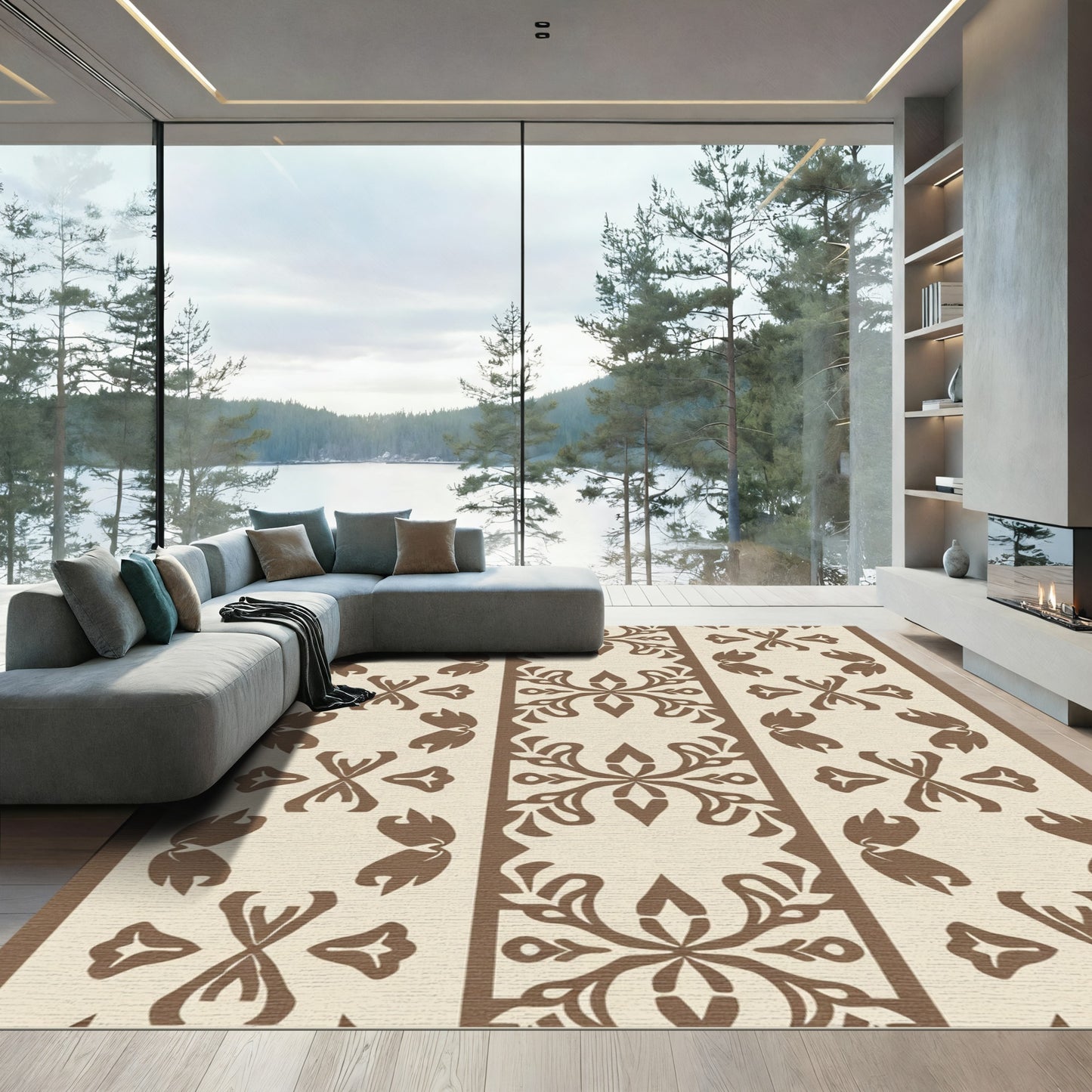 Brown Cream Vertical Stripe Floral Rug