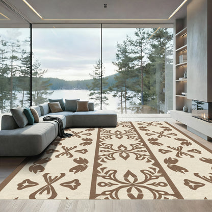Brown Cream Vertical Stripe Floral Rug