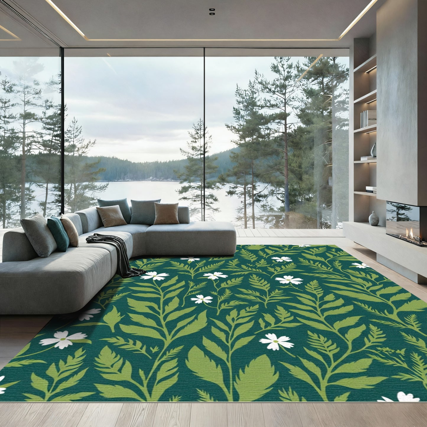 Dark Teal White Floral Foliage Rug