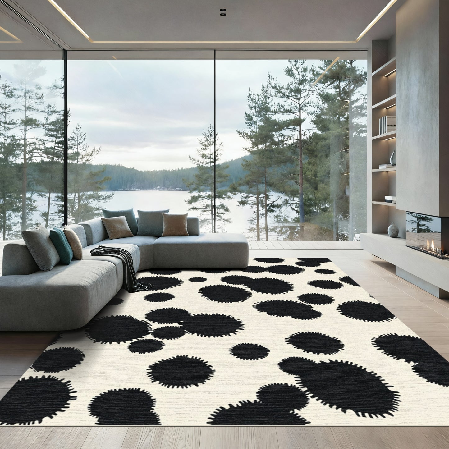 Black Blotches Sparse Cream Composition Rug