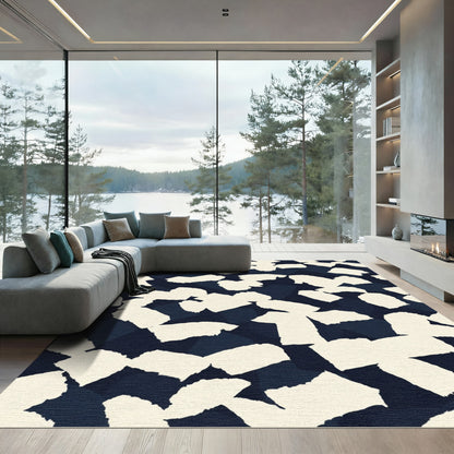 Abstract Cream Brushstrokes Navy Background Rug