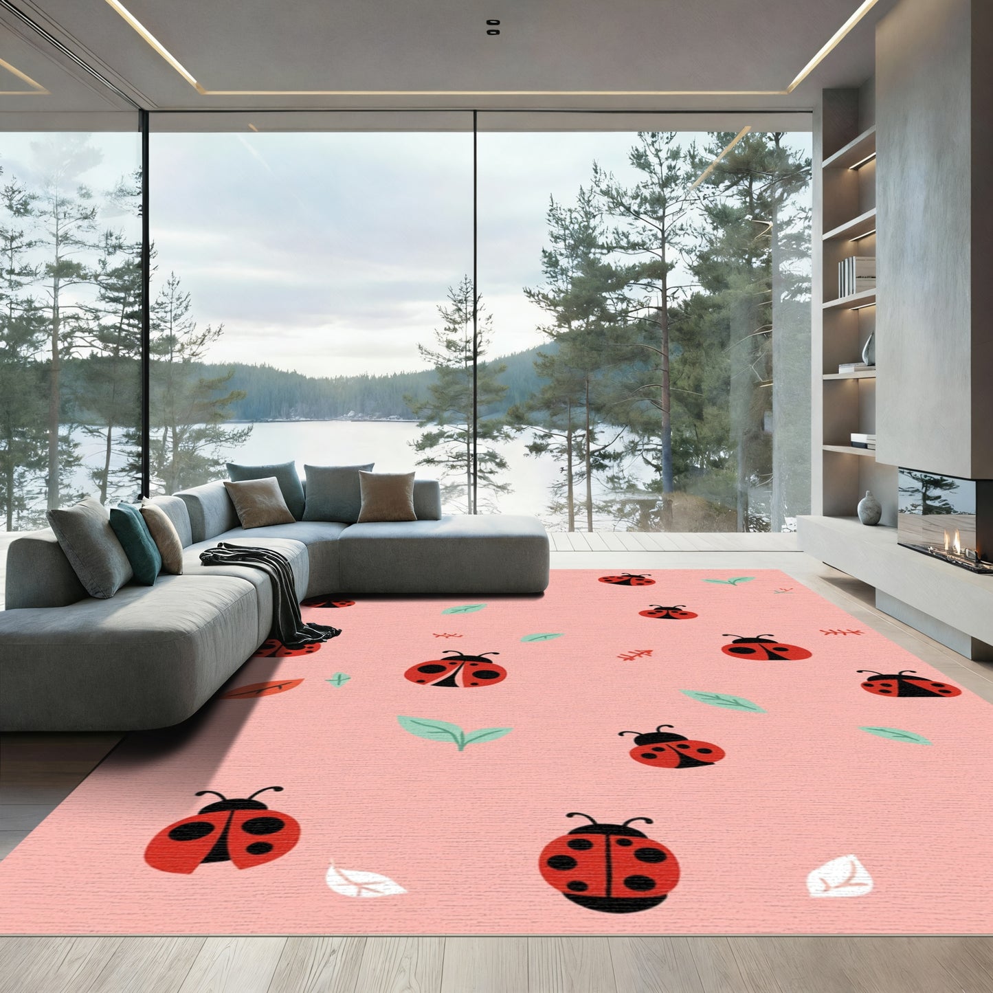 Cute Red Ladybugs Across Soft Pink Rug