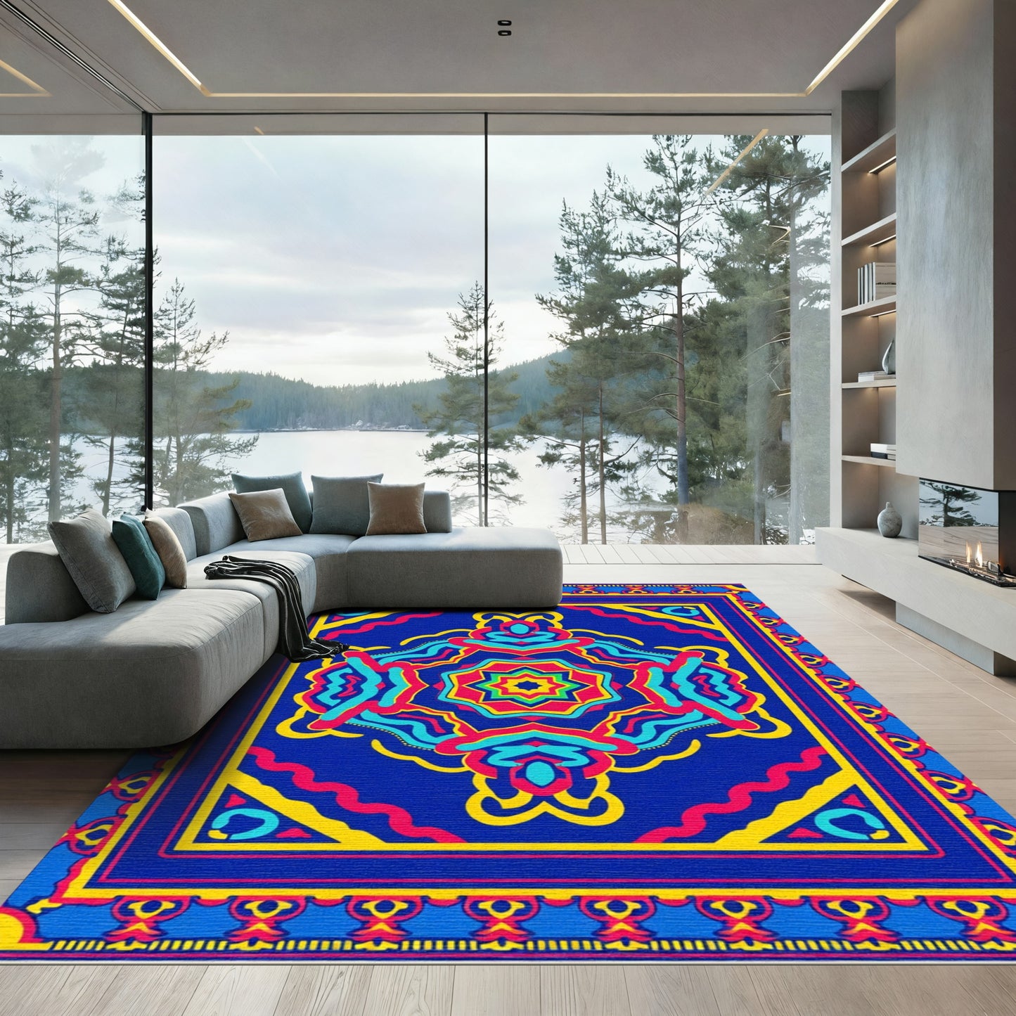 Vibrant Blue Kaleidoscope Medallion Rug